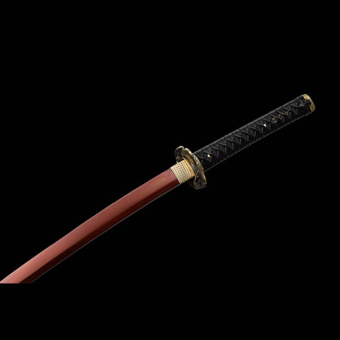 Handmade Japanese Samurai Katana,9260 Spring Steel Full Tang Red Blade Black Leather Saya-COOLKATANA