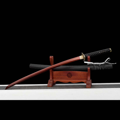 Handmade Japanese Samurai Katana,9260 Spring Steel Full Tang Red Blade Black Leather Saya-COOLKATANA