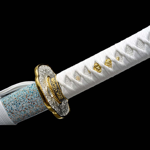 Handmade Japanese Samurai Katana,9260 Spring Steel Full Tang Blade with Bo-hi Small Floral Saya White Tusba-COOLKATANA