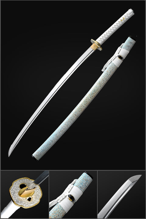 Handmade Japanese Samurai Katana,9260 Spring Steel Full Tang Blade with Bo-hi Small Floral Saya White Tusba-COOLKATANA