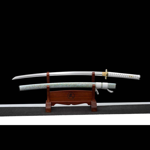Handmade Japanese Samurai Katana,9260 Spring Steel Full Tang Blade with Bo-hi Small Floral Saya White Tusba-COOLKATANA