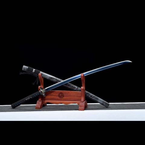 Handmade Japanese Samurai Katana, Dragon Sword Blue Blade with Bo-hi 1060 Carbon Steel Clay Tempered Dragon Pattern Fitting-COOLKATANA-QQ-0227-U