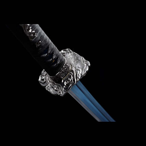 Handmade Japanese Samurai Katana, Dragon Sword Blue Blade with Bo-hi 1060 Carbon Steel Clay Tempered Dragon Pattern Fitting-COOLKATANA