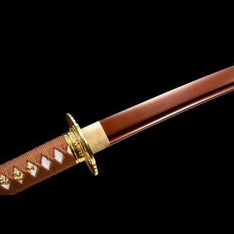 Handmade Japanese Samurai Katana, Red Blade with Bo-hi 9260 Spring Steel Full Tang Clay Tempered-COOLKATANA-QQ-0226-U