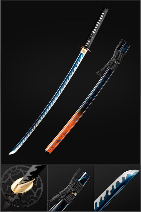 Handmade Japanese Samurai Katana,High Manganese Steel Blue Blade Blue Orange Saya-COOLKATANA