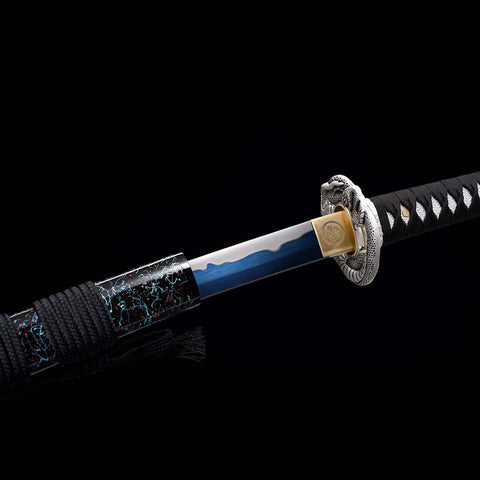 Handmade Japanese Katana Sword, High Manganese Steel Full Tang Blue Blade Stripe Saya Python Tusba-COOLKATANA-QQ-0244-U