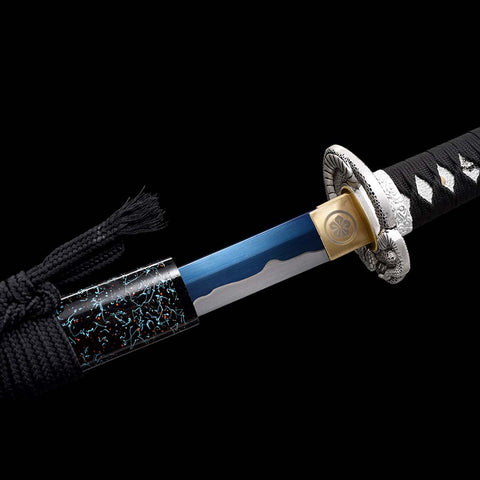 Handmade Japanese Katana Sword, High Manganese Steel Full Tang Blue Blade Stripe Saya Python Tusba-COOLKATANA