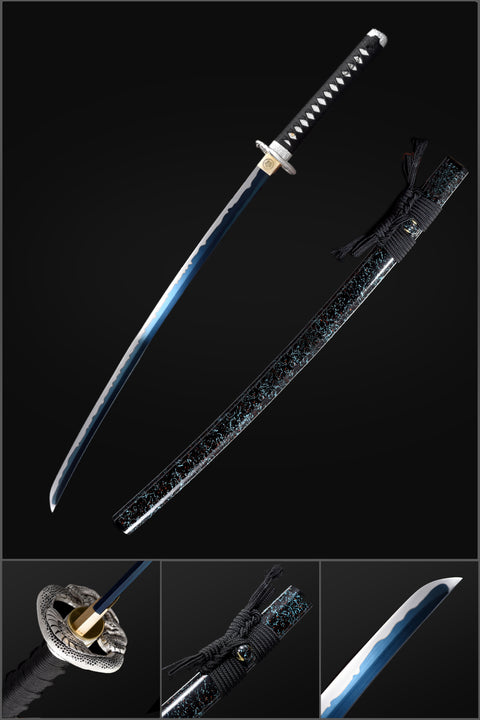 Handmade Japanese Katana Sword, High Manganese Steel Full Tang Blue Blade Stripe Saya Python Tusba-COOLKATANA-QQ-0244-U