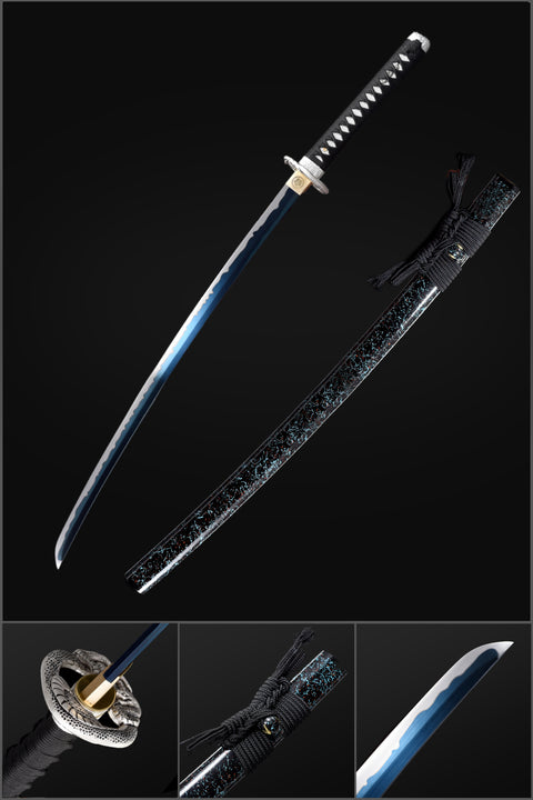 Handmade Japanese Katana Sword, High Manganese Steel Full Tang Blue Blade Stripe Saya Python Tusba-COOLKATANA