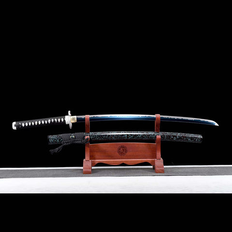 Handmade Japanese Katana Sword, High Manganese Steel Full Tang Blue Blade Stripe Saya Python Tusba-COOLKATANA