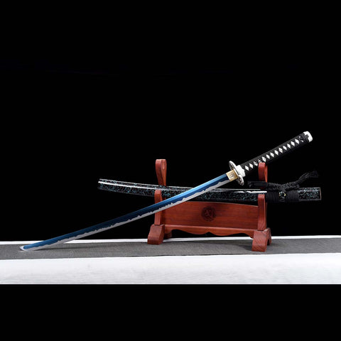 Handmade Japanese Katana Sword, High Manganese Steel Full Tang Blue Blade Stripe Saya Python Tusba-COOLKATANA-QQ-0244-U