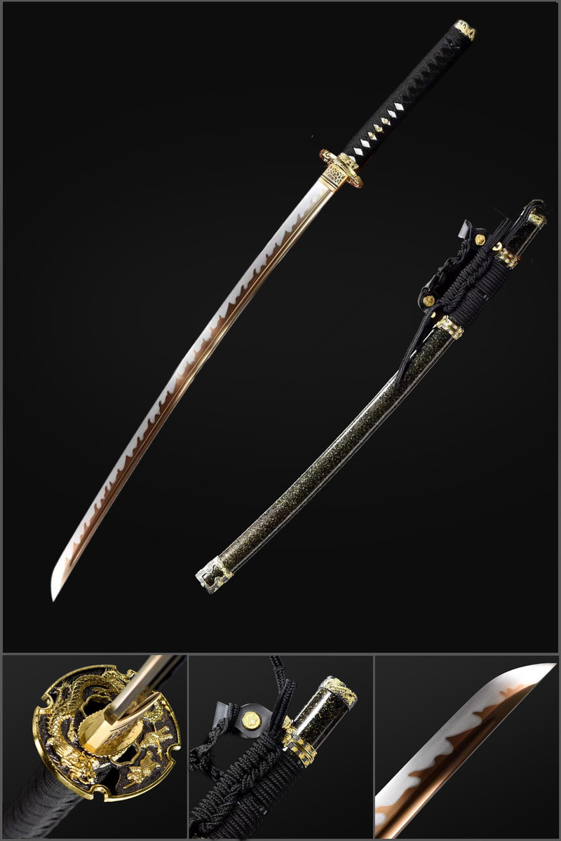 High Manganese Steel Fire Pattern Blade Japanese Tachi Sword Full Tang Black Saya - COOLKATANA 
