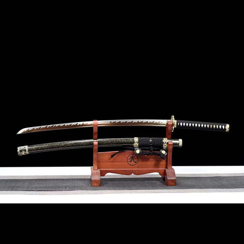 Handmade Japanese Tachi Sword, High Manganese Steel Fire Pattern Blade Full Tang Black Saya-COOLKATANA