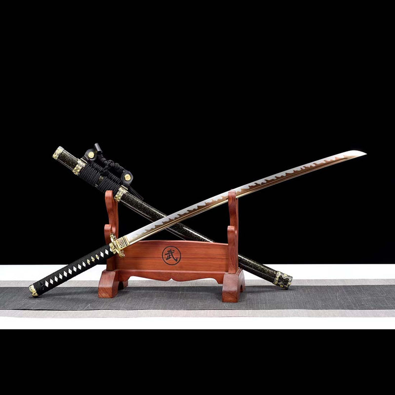 High Manganese Steel Fire Pattern Blade Japanese Tachi Sword Full Tang Black Saya - COOLKATANA 