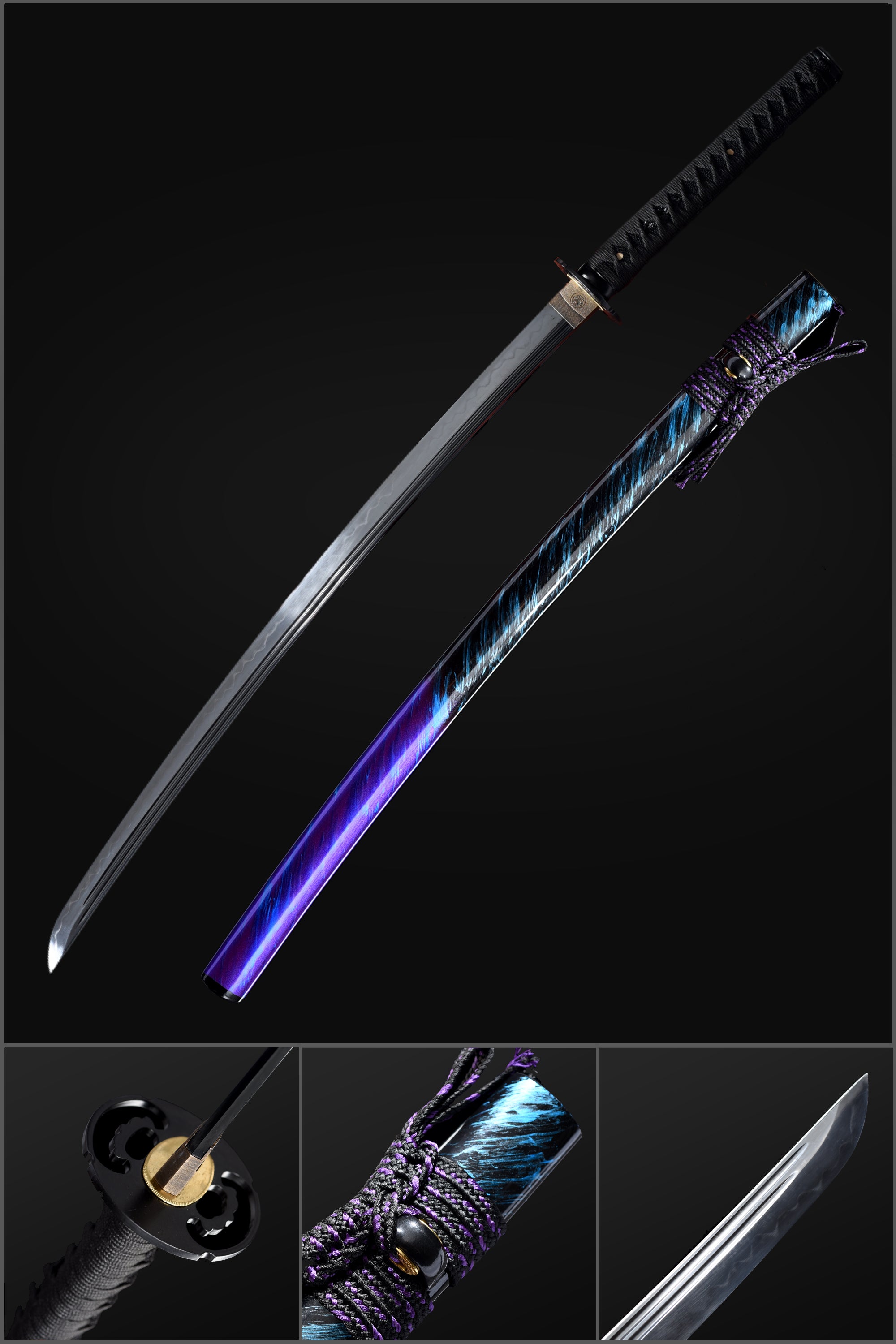 T10 Steel Black Blade Japanese Samurai Katana with Double Narrow