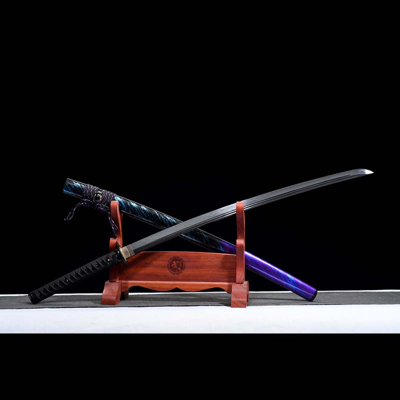 T10 Steel Black Blade Japanese Samurai Katana with Double Narrow Bo-hi Purple Saya - COOLKATANA 
