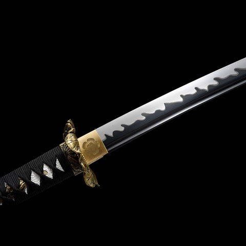 Handmade Japanese Samurai Katana, High manganese Steel Fire Pattern Blade Full Tang Golden Toad Theme Fitting-COOLKATANA