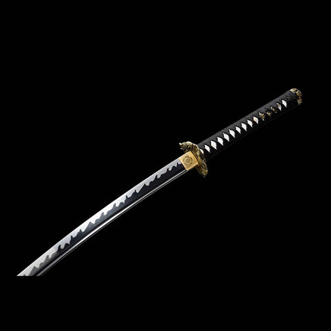 Handmade Japanese Samurai Katana, High manganese Steel Fire Pattern Blade Full Tang Golden Toad Theme Fitting-COOLKATANA