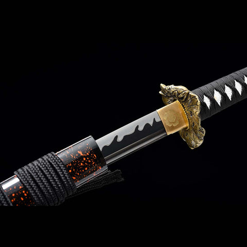 Handmade Japanese Samurai Katana, High manganese Steel Fire Pattern Blade Full Tang Golden Toad Theme Fitting-COOLKATANA