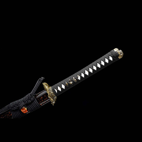 Handmade Japanese Samurai Katana, High manganese Steel Fire Pattern Blade Full Tang Golden Toad Theme Fitting-COOLKATANA-QQ-0246-U