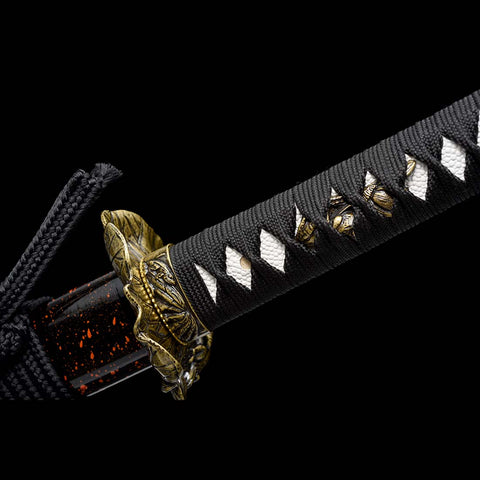 Handmade Japanese Samurai Katana, High manganese Steel Fire Pattern Blade Full Tang Golden Toad Theme Fitting-COOLKATANA