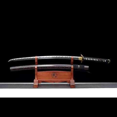 Handmade Japanese Samurai Katana, High manganese Steel Fire Pattern Blade Full Tang Golden Toad Theme Fitting-COOLKATANA