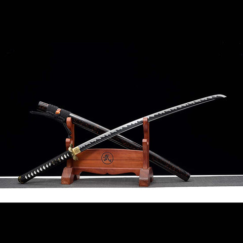 Handmade Japanese Samurai Katana, High manganese Steel Fire Pattern Blade Full Tang Golden Toad Theme Fitting-COOLKATANA-QQ-0246-U
