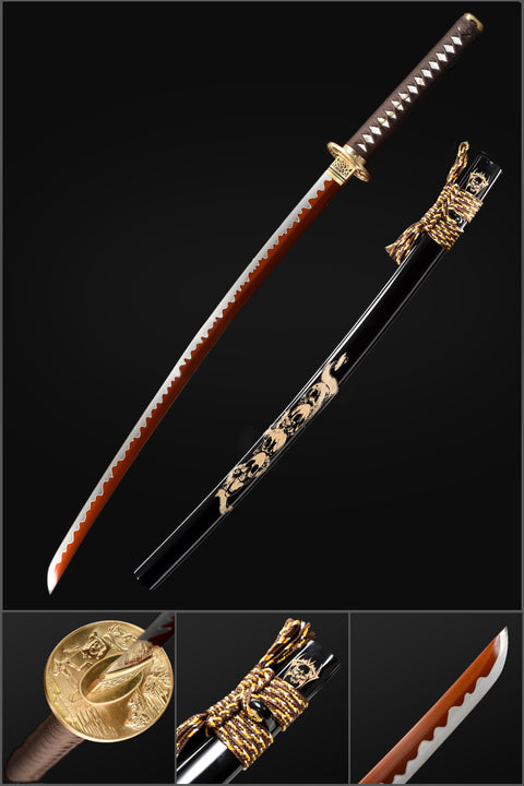 Handmade Japanese Samurai Katana, Ghost Valley Sword High Manganese Steel Full Tang Blade Skeleton Carving Saya-COOLKATANA-QQ-0247-U