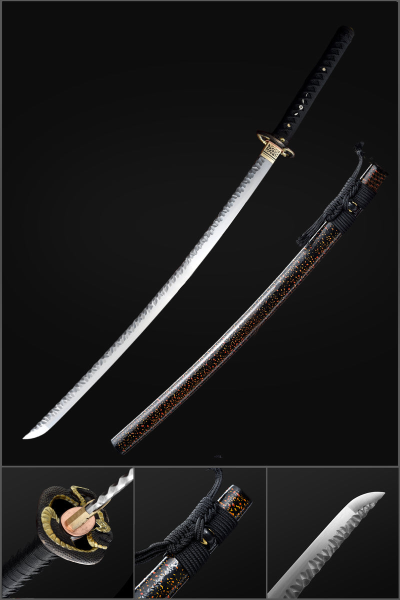 Folded Steel Full Tang Snake Pattern Sword, Japanese Katana Sword with Snake Accessories - COOLKATANA 