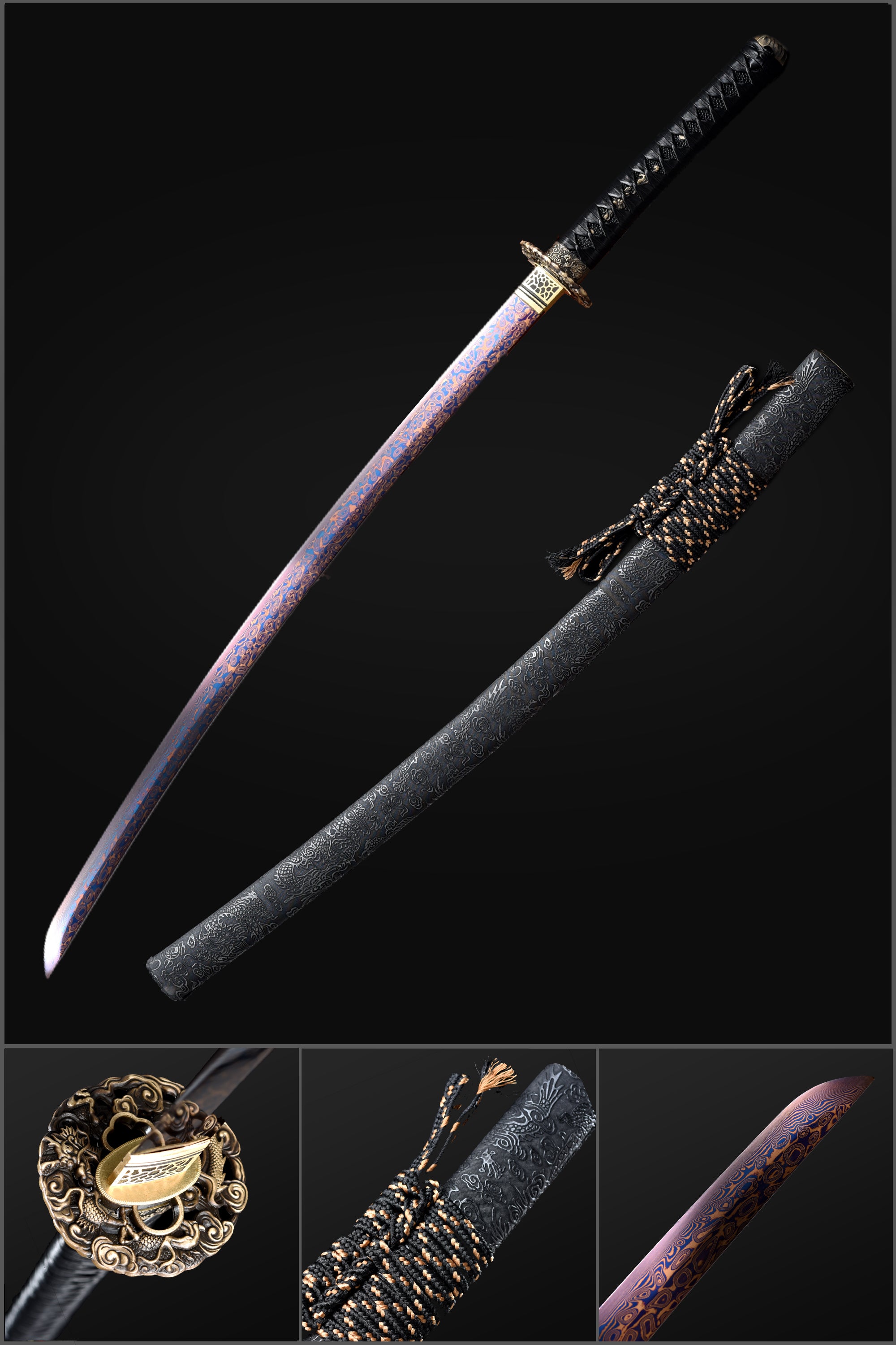 Folded Steel Bluing Craft Dragon Pattern Japanese Samurai Katana With Folded Steel Bluing Craft Dragon Pattern Japanese Samurai Katana With