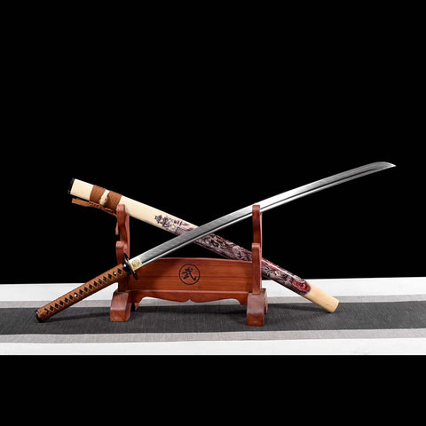 Handmade Japanese Samurai Katana, T10 Steel Mirrorlike Blade with Bo-hi Full Tang Dragon Samurai Saya-COOLKATANA-QQ-0248-U