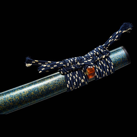 Handmade Japanese Samurai Katana,T10 Steel Blade Leaf Pattern Hamon with Bo-hi Snake Pattern Fitting Blue-green Saya-COOLKATANA