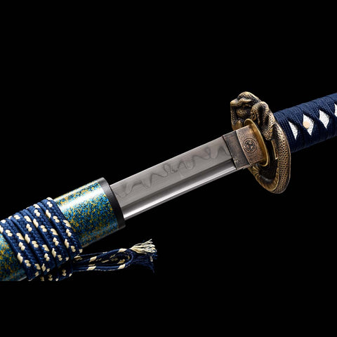 Handmade Japanese Samurai Katana,T10 Steel Blade Leaf Pattern Hamon with Bo-hi Snake Pattern Fitting Blue-green Saya-COOLKATANA