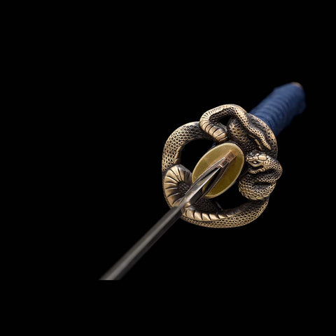 Handmade Japanese Samurai Katana,T10 Steel Blade Leaf Pattern Hamon with Bo-hi Snake Pattern Fitting Blue-green Saya-COOLKATANA-QQ-0232-U