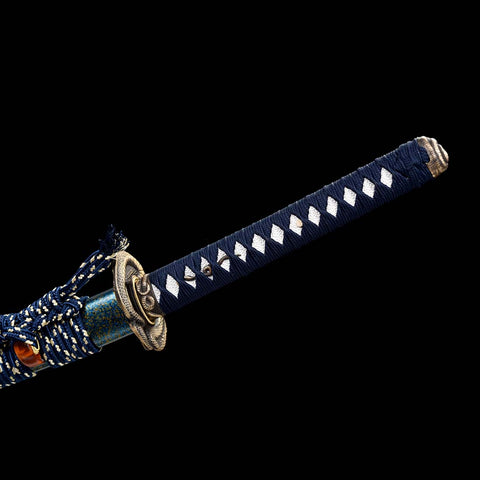 Handmade Japanese Samurai Katana,T10 Steel Blade Leaf Pattern Hamon with Bo-hi Snake Pattern Fitting Blue-green Saya-COOLKATANA