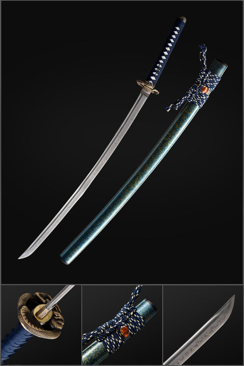 Handmade Japanese Samurai Katana,T10 Steel Blade Leaf Pattern Hamon with Bo-hi Snake Pattern Fitting Blue-green Saya-COOLKATANA-QQ-0232-U
