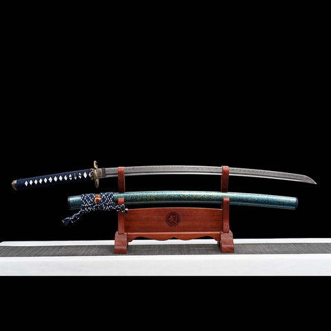 Handmade Japanese Samurai Katana,T10 Steel Blade Leaf Pattern Hamon with Bo-hi Snake Pattern Fitting Blue-green Saya-COOLKATANA