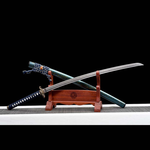 Handmade Japanese Samurai Katana,T10 Steel Blade Leaf Pattern Hamon with Bo-hi Snake Pattern Fitting Blue-green Saya-COOLKATANA