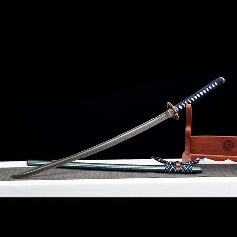 Handmade Japanese Samurai Katana,T10 Steel Blade Leaf Pattern Hamon with Bo-hi Snake Pattern Fitting Blue-green Saya-COOLKATANA-QQ-0232-U