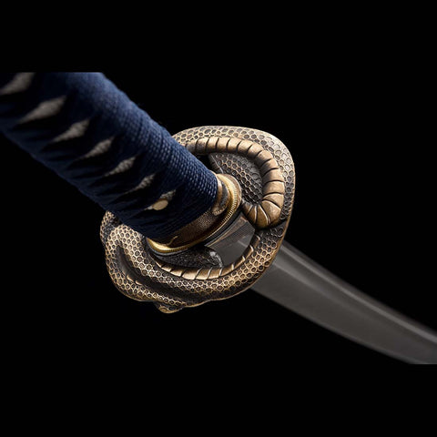 Handmade Japanese Samurai Katana,T10 Steel Blade Leaf Pattern Hamon with Bo-hi Snake Pattern Fitting Blue-green Saya-COOLKATANA-QQ-0232-U