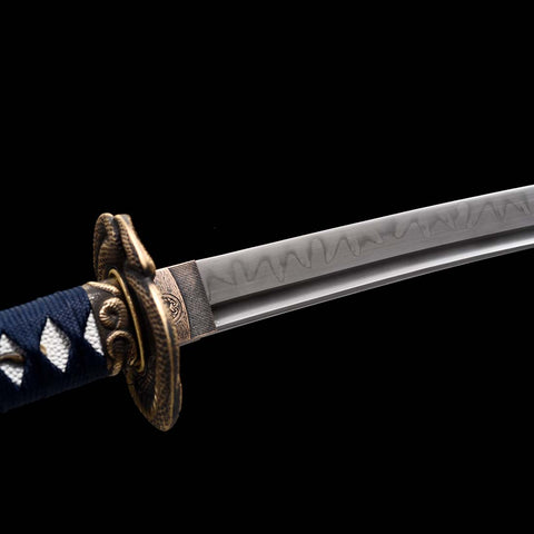 Handmade Japanese Samurai Katana,T10 Steel Blade Leaf Pattern Hamon with Bo-hi Snake Pattern Fitting Blue-green Saya-COOLKATANA-QQ-0232-U