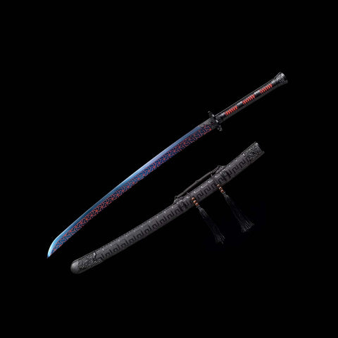 Handmade Quenched Blue Burnt Flower Blade Katana Sword Spring Steel Samurai Sword Full Tang-COOLKATANA-QQ-0118-U