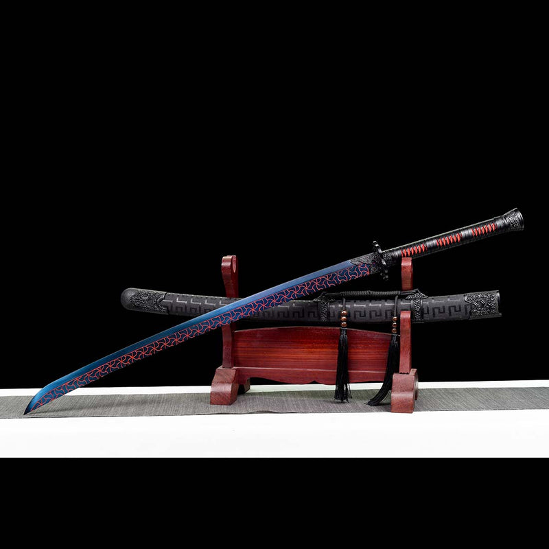 Quenched Blue Burnt Flower Blade Katana Sword Spring Steel Samurai Sword - COOLKATANA 