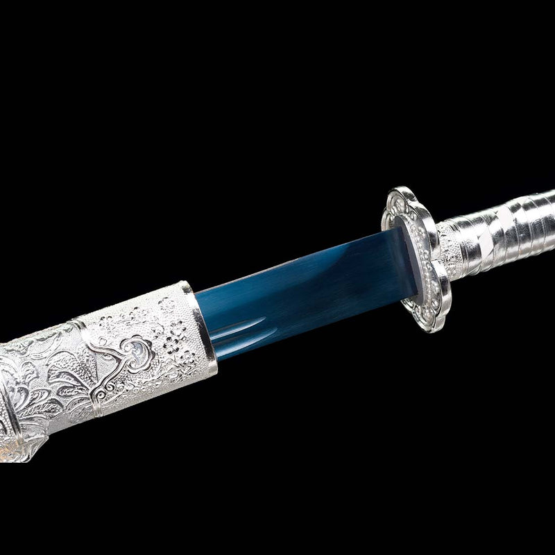 Steel Spring Tang's Full Tang Quenched Blue Blade Spring Steel Bo-hi Silver Katana Sword ...
