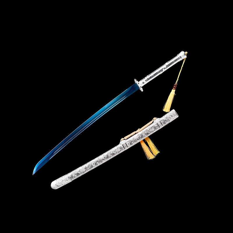Full Tang Quenched Blue Blade Spring Steel Bo-hi Silver Katana Sword - COOLKATANA 