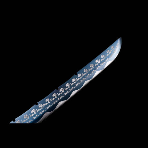 Blue Engrave Blade Samurai Sword with Petals Tsuba