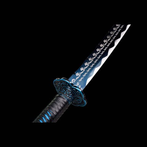 Spring Steel Quenched Full Tang Blue Engrave Blade Samurai Sword
