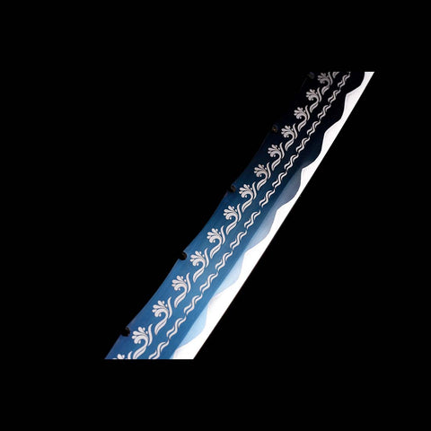 Handmade Spring Steel Katana Sword, Quenched Blue Engrave Blade Samurai Sword, Full Tang, Petals Tsuba-COOLKATANA-QQ-0119-U