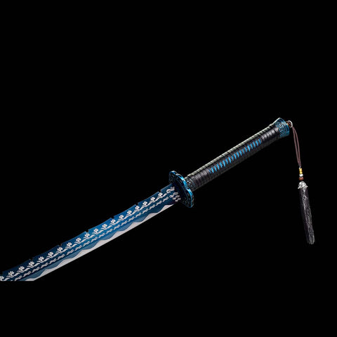 Handmade Spring Steel Katana Sword, Quenched Blue Engrave Blade Samurai Sword, Full Tang, Petals Tsuba-COOLKATANA