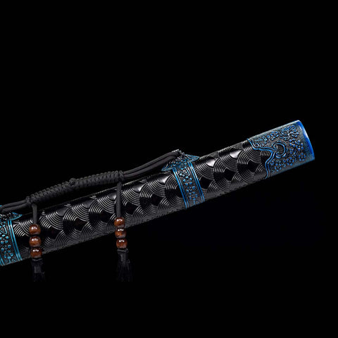 Handmade Spring Steel Katana Sword, Quenched Blue Engrave Blade Samurai Sword, Full Tang, Petals Tsuba-COOLKATANA-QQ-0119-U